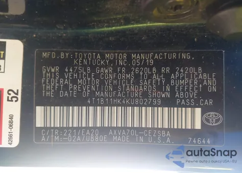 2019 Toyota Camry Se z USA, uszkodzony, nr VIN 4T1B11HK4KU802799